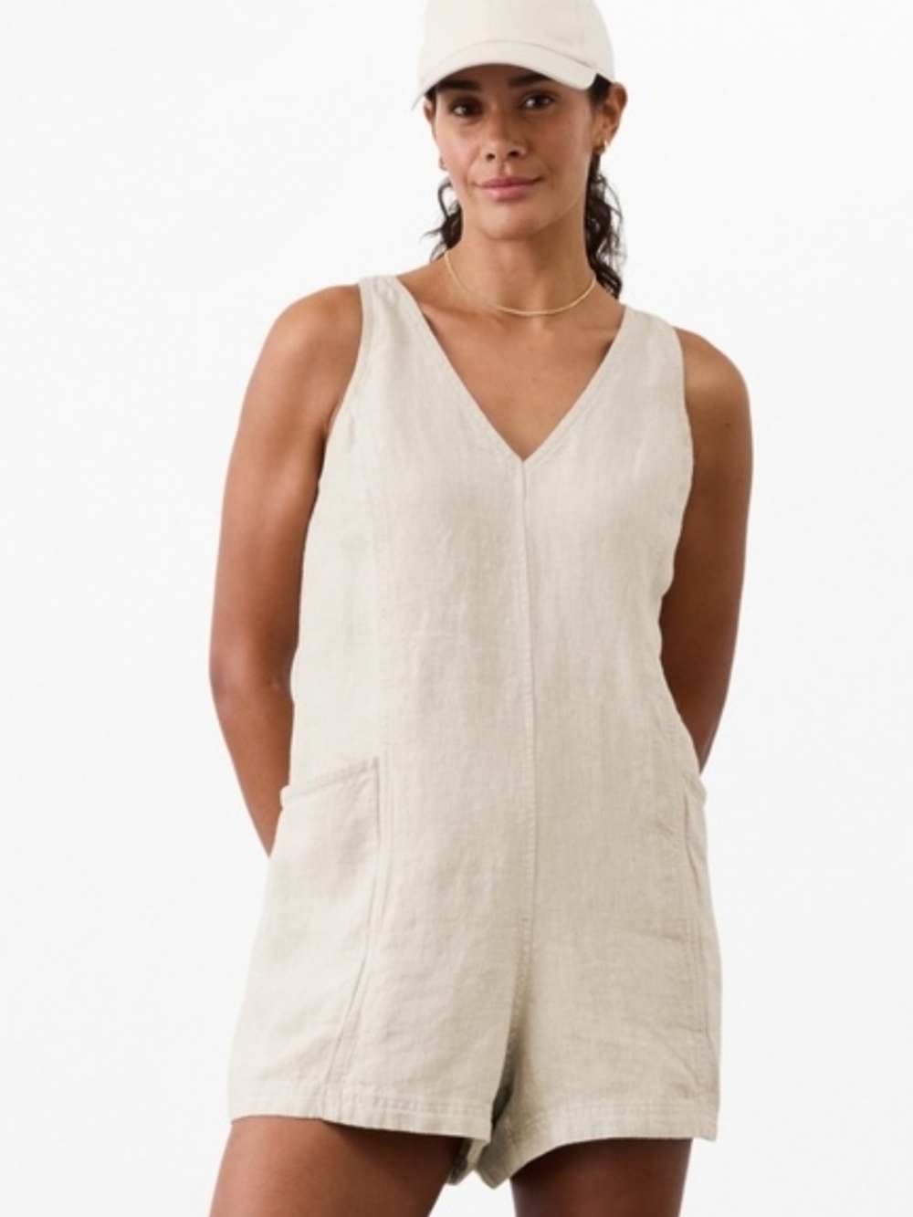 Athleta  Retreat Linen Romper Beige Sleeveless Shorts Large New